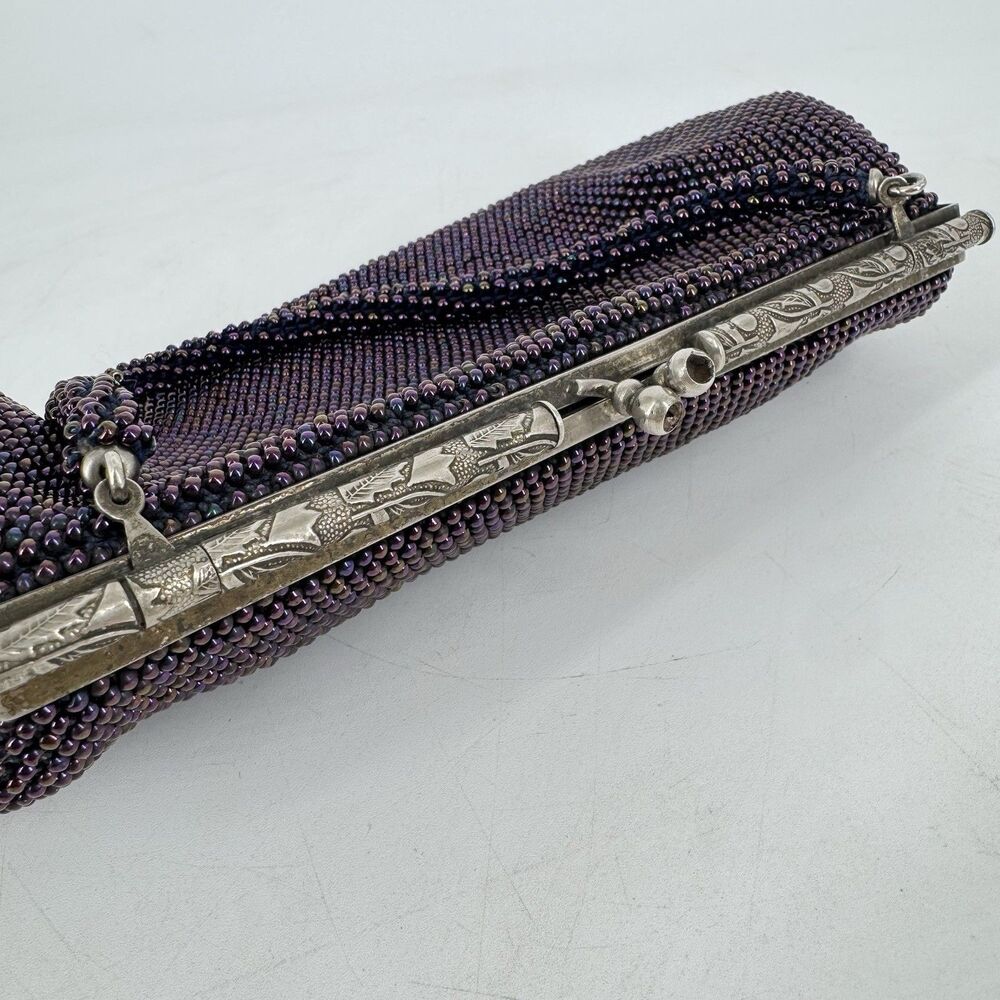 Vintage Purple Beaded Evening Bag Clutch Purse Silver Frame Kiss Lock 10” - Picture 4 of 11